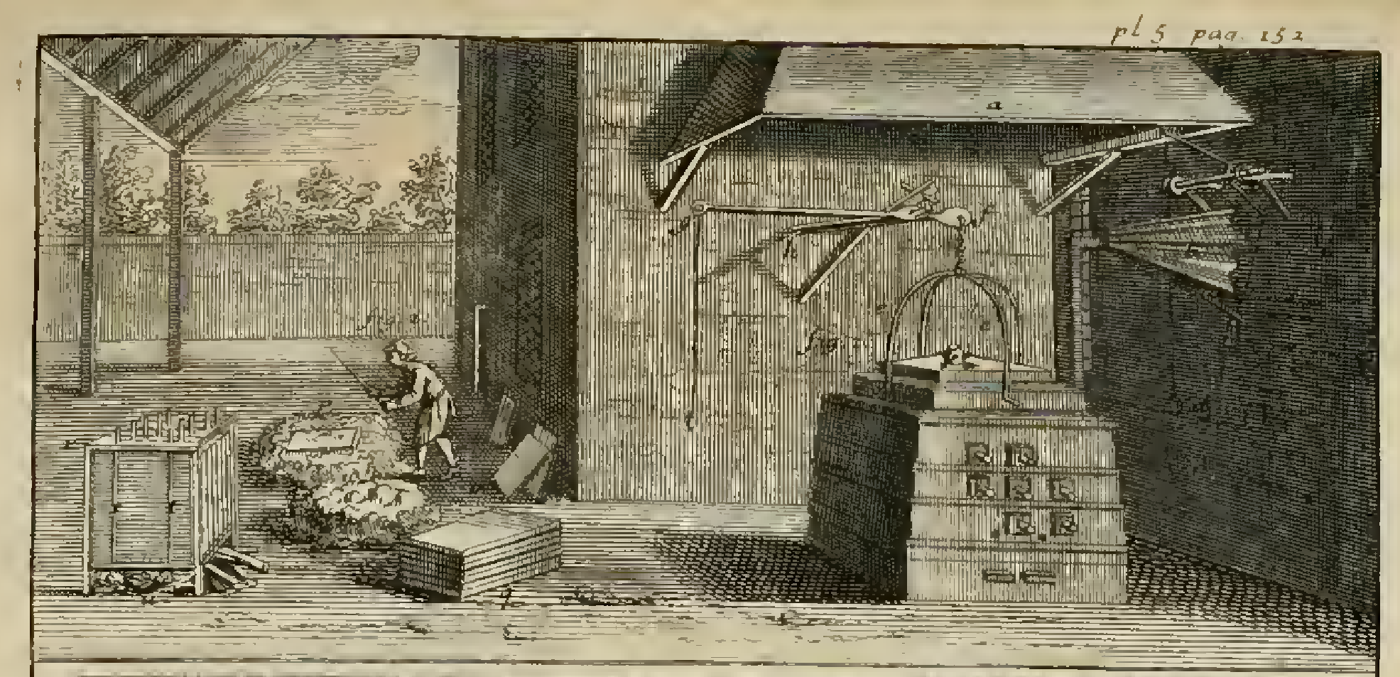 Figure 1: de Réamur’s furnace, right, featured a lot of automation, like the aforementioned vent control, but also apparently bellows and other things. Image from [2].