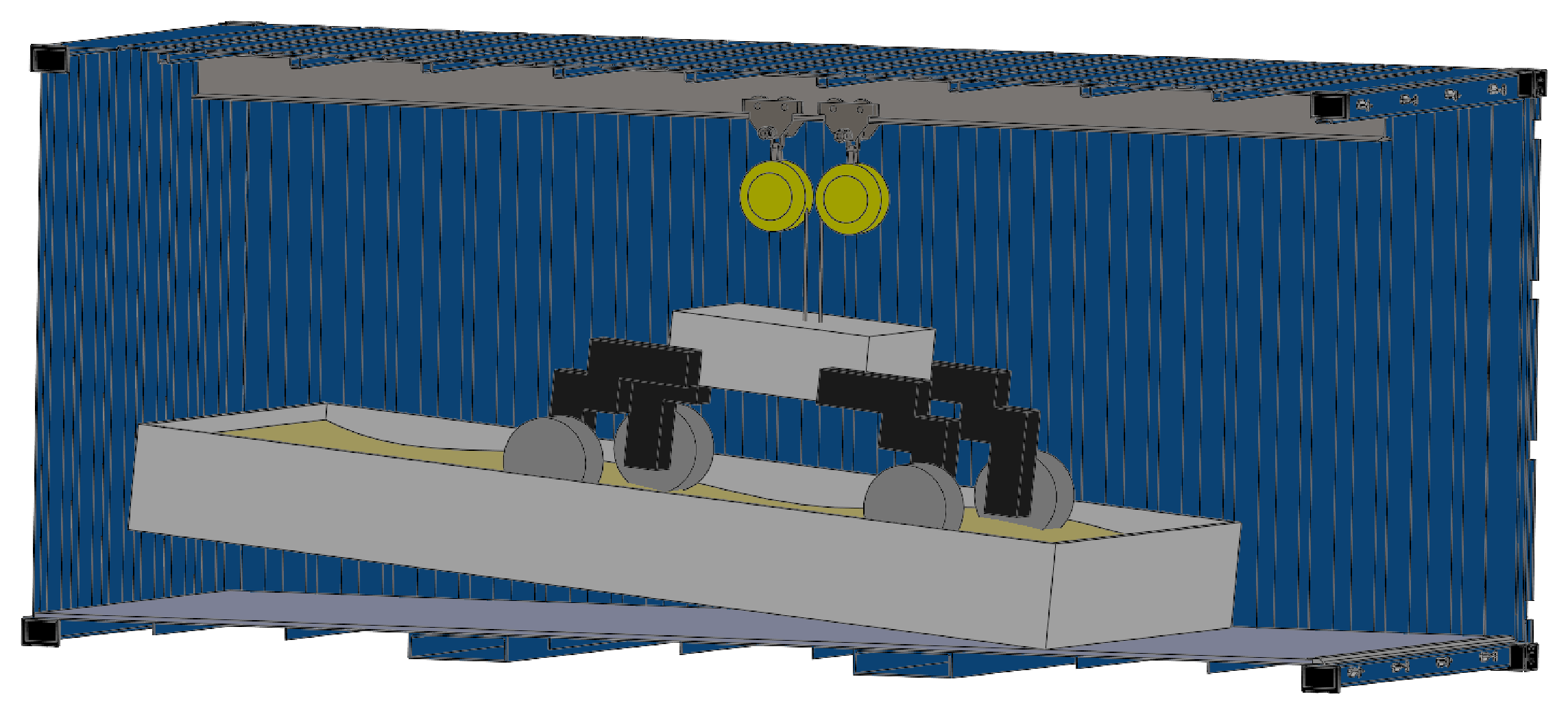 Figure 1: The testbed was an inclined sandbox inside a shipping container with the gantry welded to the ceiling.