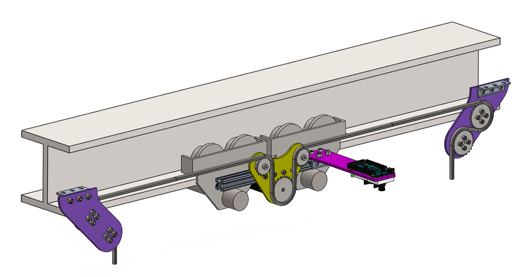 Figure 2: The robot bolted on to two gantry carriages and pulled itself along with a chain and sprocket.